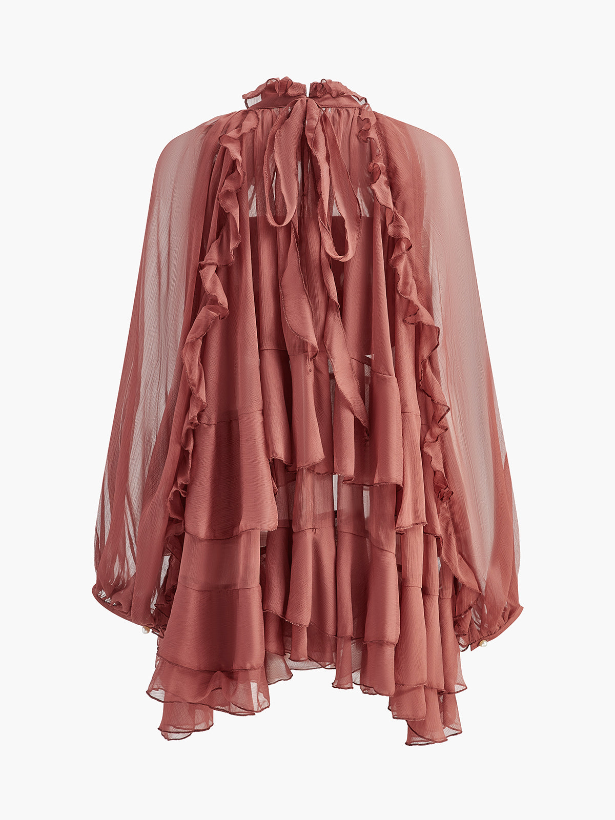 Tie Neck Semi-Sheer Ruffle Chiffon Dress-Mesadic