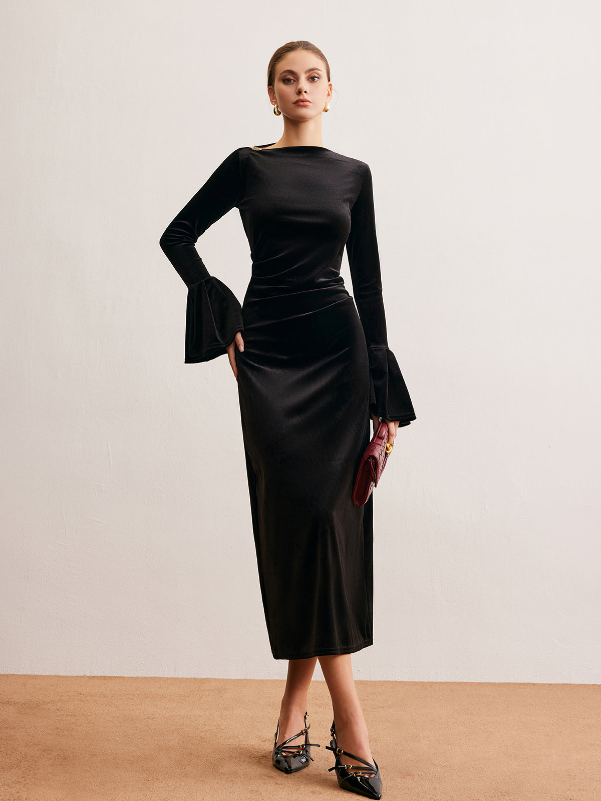 Ruffle-Cuff Velvet Long Dress-Mesadic
