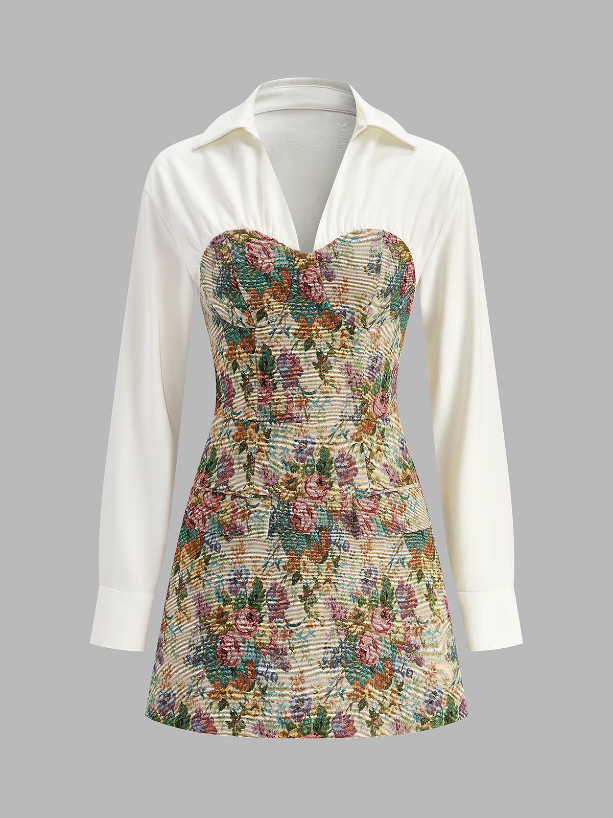 2 in 1 Tweed Floral Zipper Polo Dress-Mesadic
