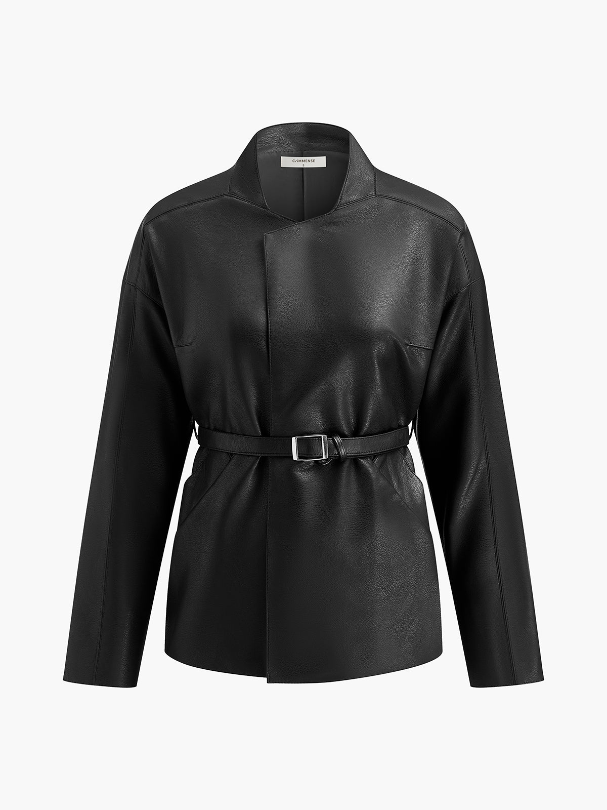 Stand Collar Belted Faux Leather Jacket-Mesadic