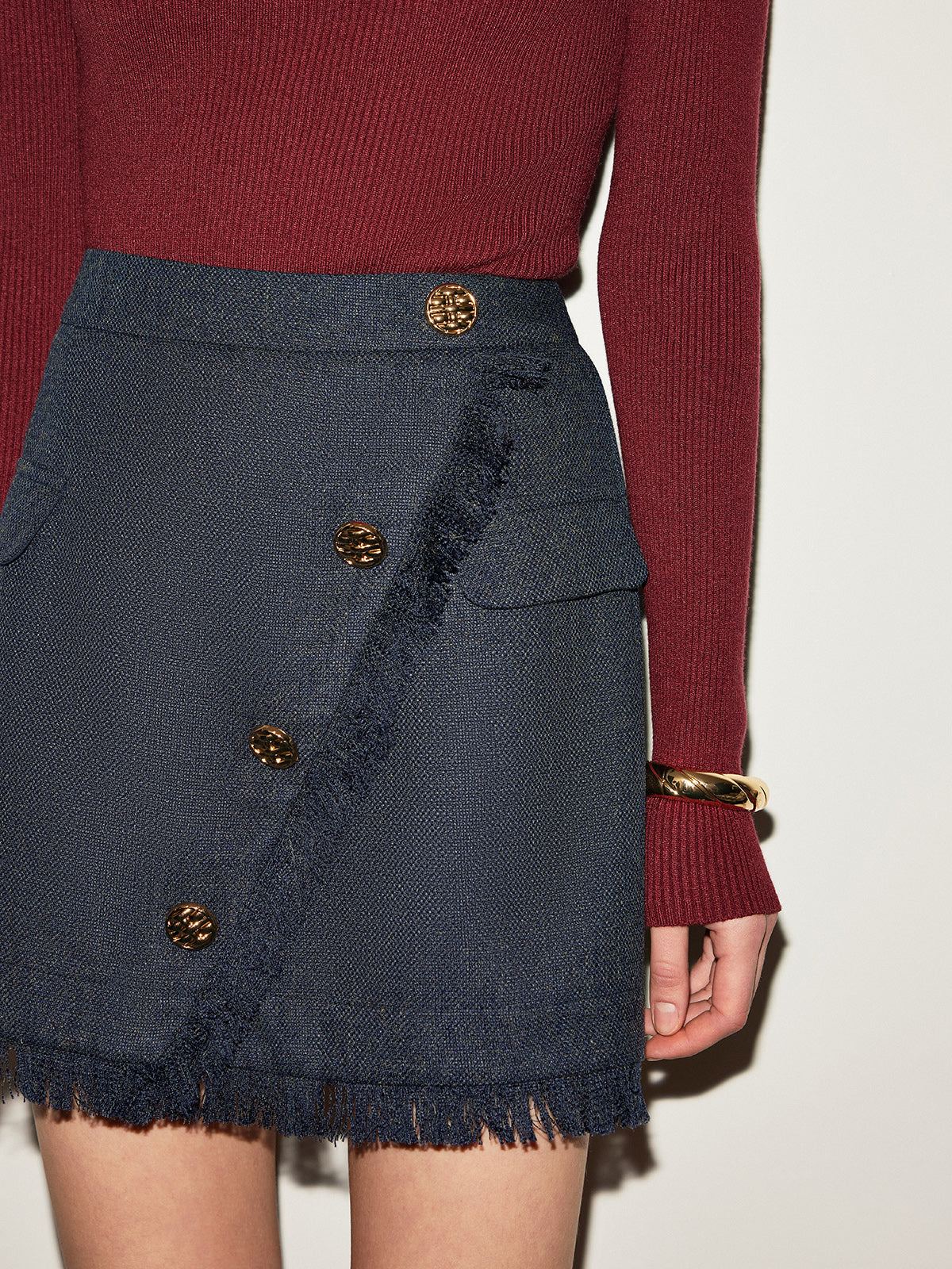 Mid-Waist Tweed Tassel Mini Skirt-Mesadic