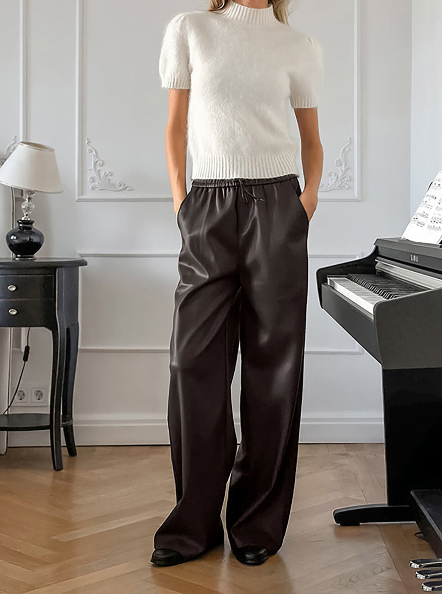 Elastic Waist Drawstring Faux Leather Pants-Mesadic