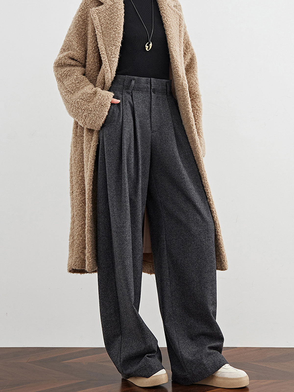 Wool-Blend Tweed Pleated Pants-Mesadic