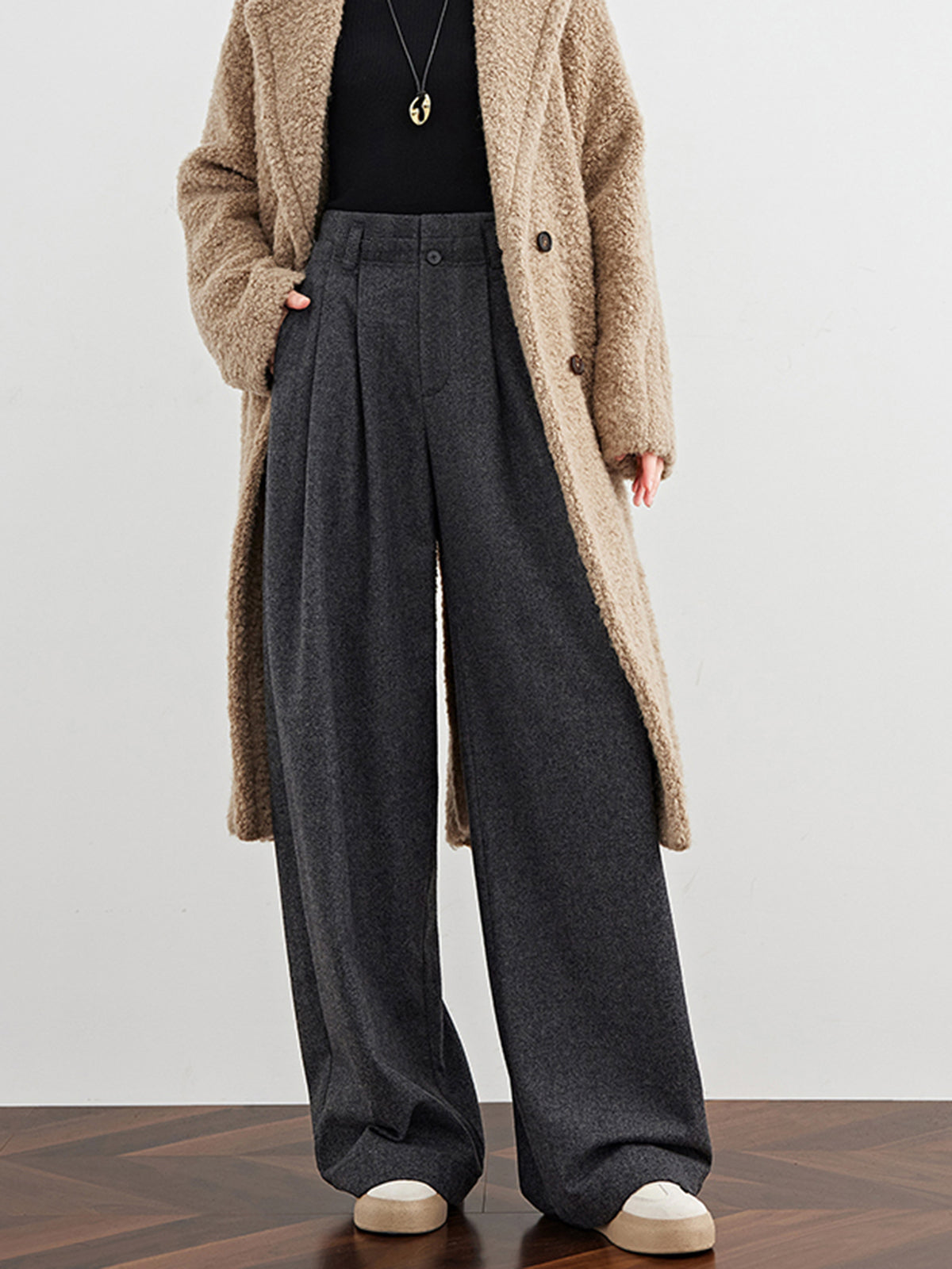 Wool-Blend Tweed Pleated Pants-Mesadic
