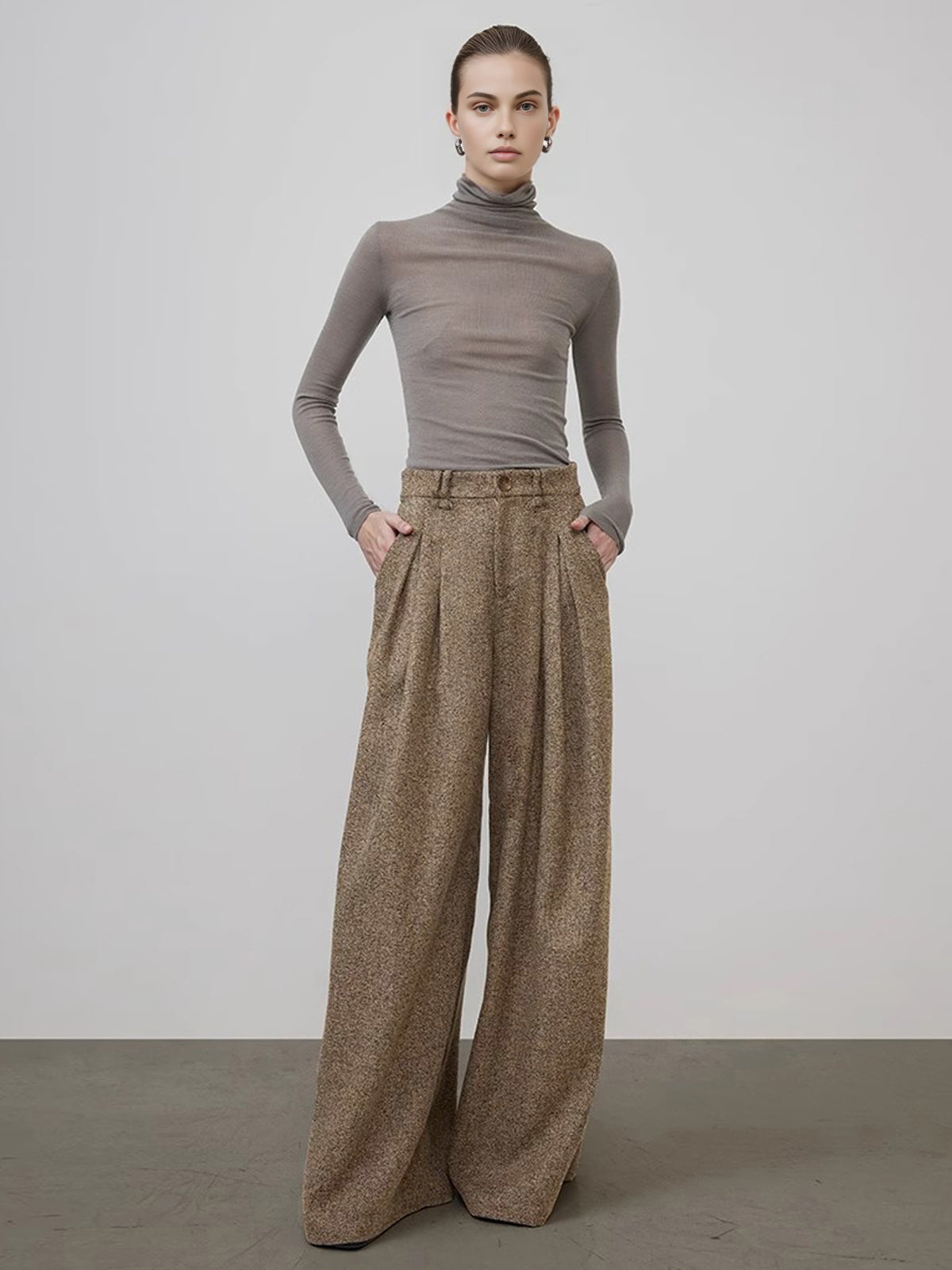Mid-Waist Tweed Pleated Wide-Leg Pants-Mesadic