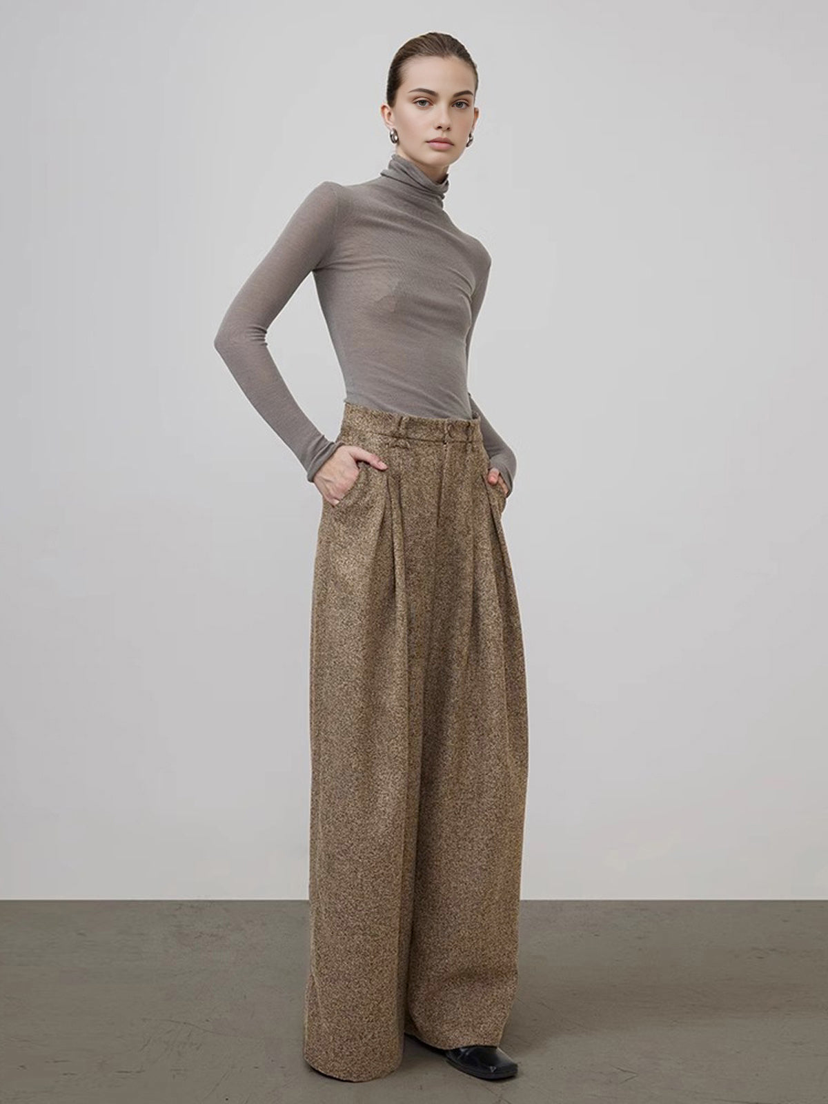 Mid-Waist Tweed Pleated Wide-Leg Pants-Mesadic
