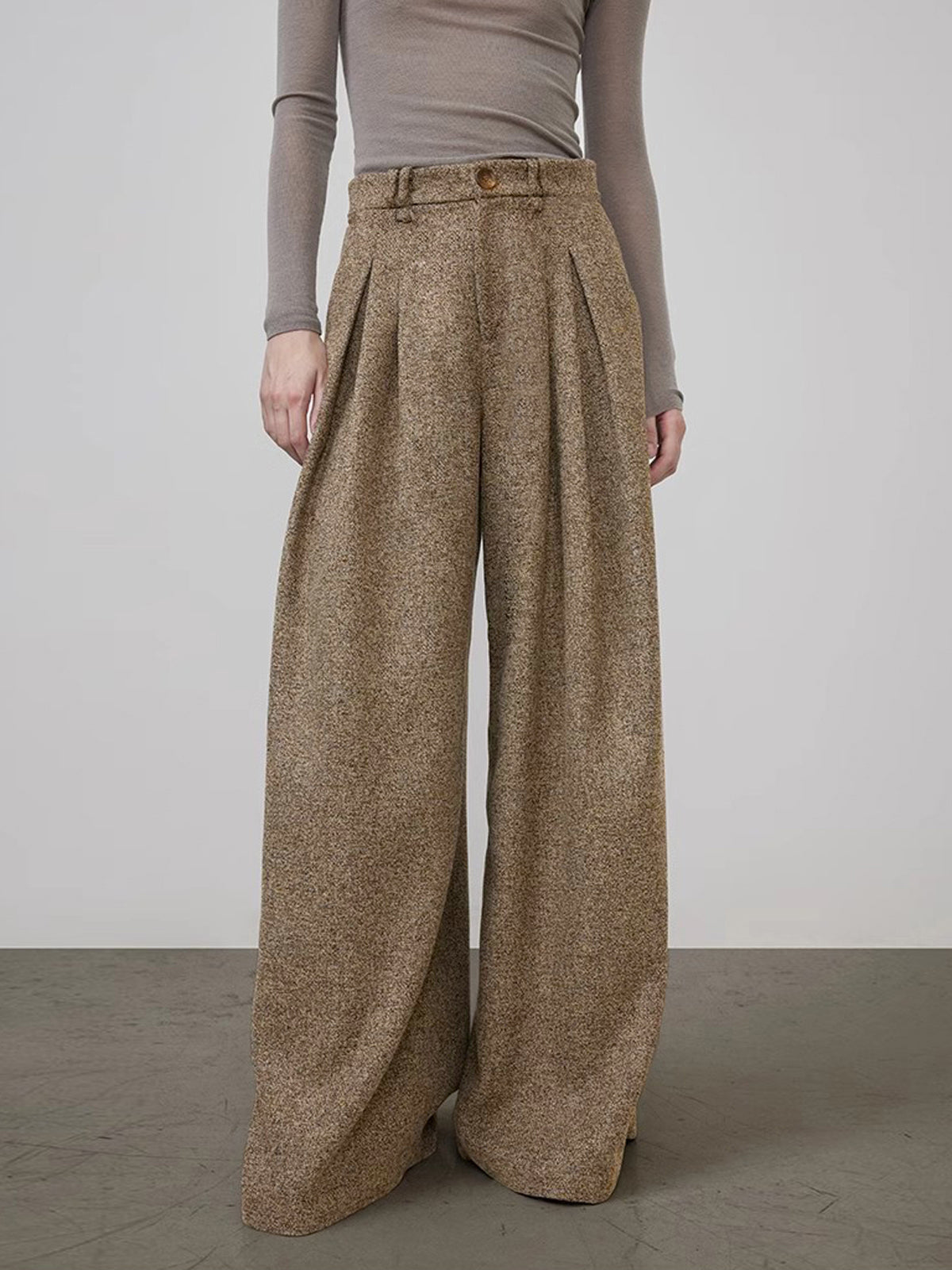 Mid-Waist Tweed Pleated Wide-Leg Pants-Mesadic