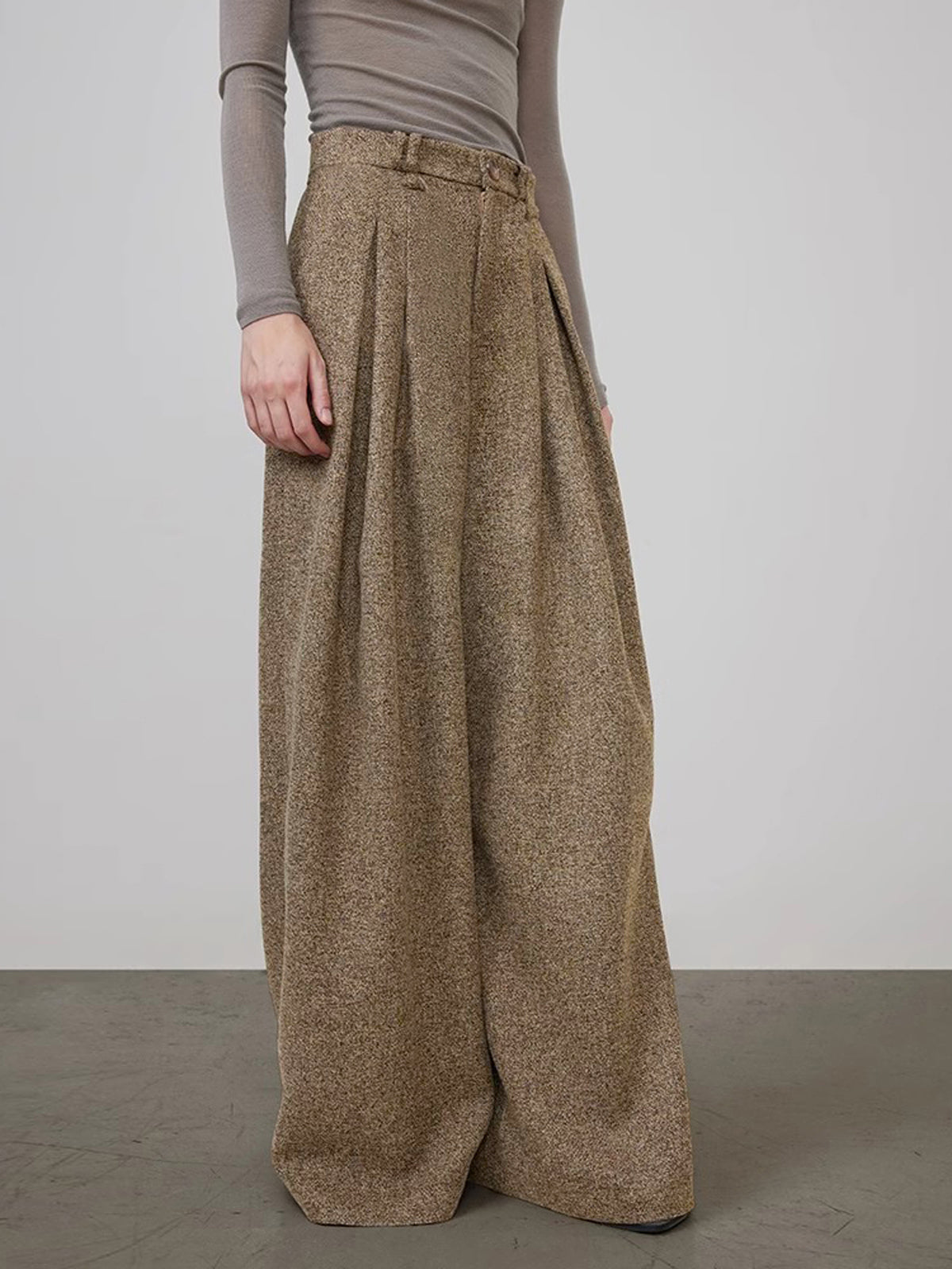 Mid-Waist Tweed Pleated Wide-Leg Pants-Mesadic