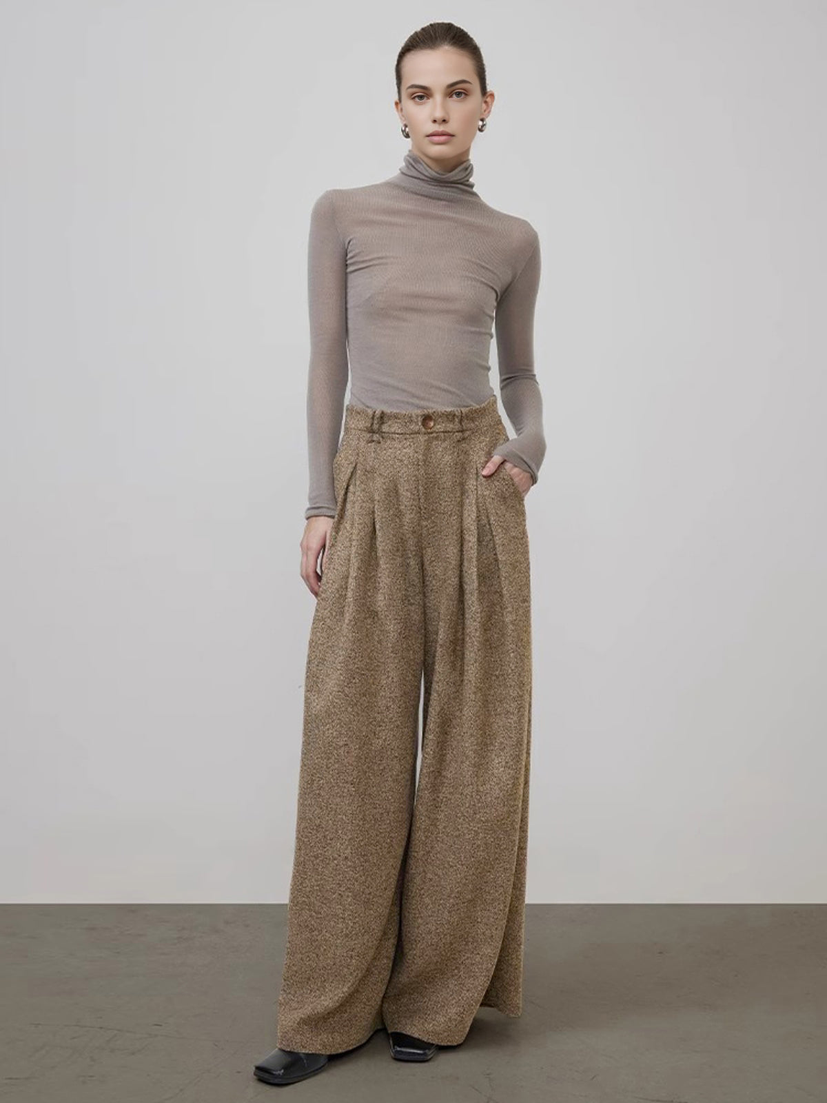Mid-Waist Tweed Pleated Wide-Leg Pants-Mesadic