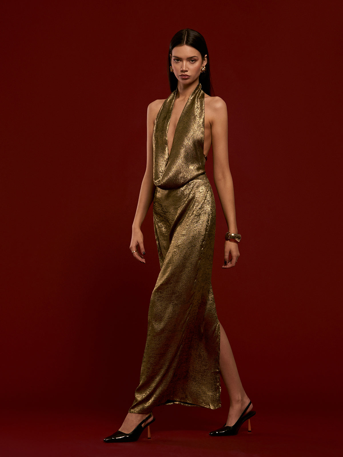 Backless Pleated Halter Dress-Mesadic