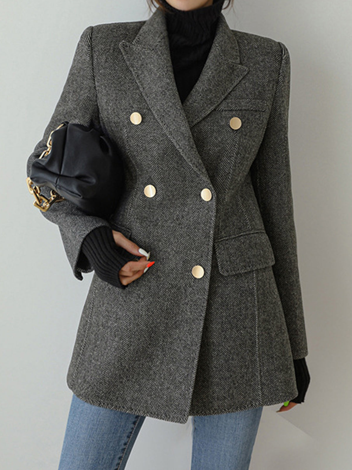 Wool-Blend Chevron Tweed Fit Blazer-Mesadic