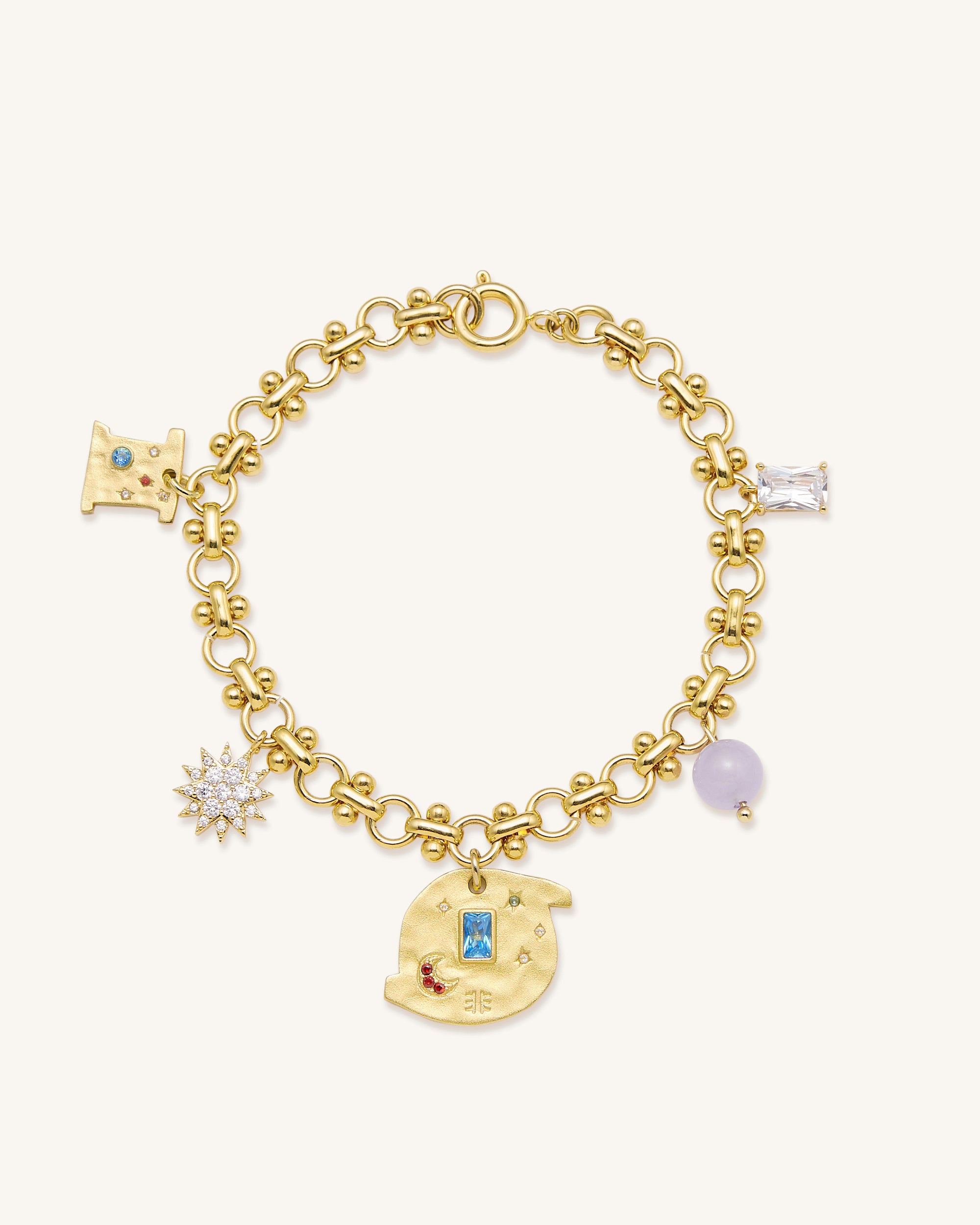 Cosmos Round Multi Charm Bracelet - 18ct Gold Plated & Multicolor Zircon & Purple Beads-Mesadic
