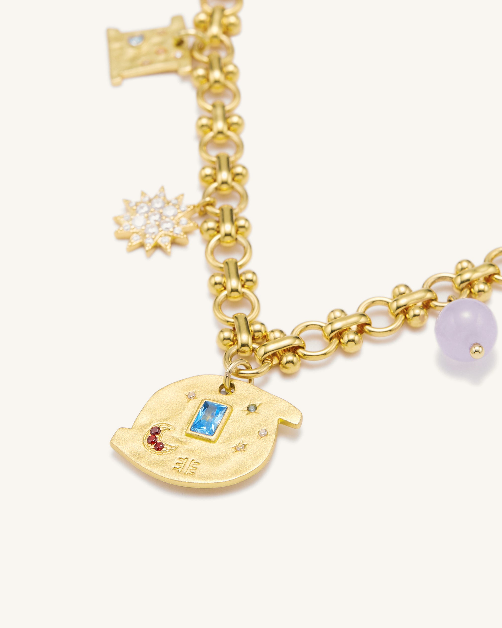 Cosmos Round Multi Charm Bracelet - 18ct Gold Plated & Multicolor Zircon & Purple Beads-Mesadic