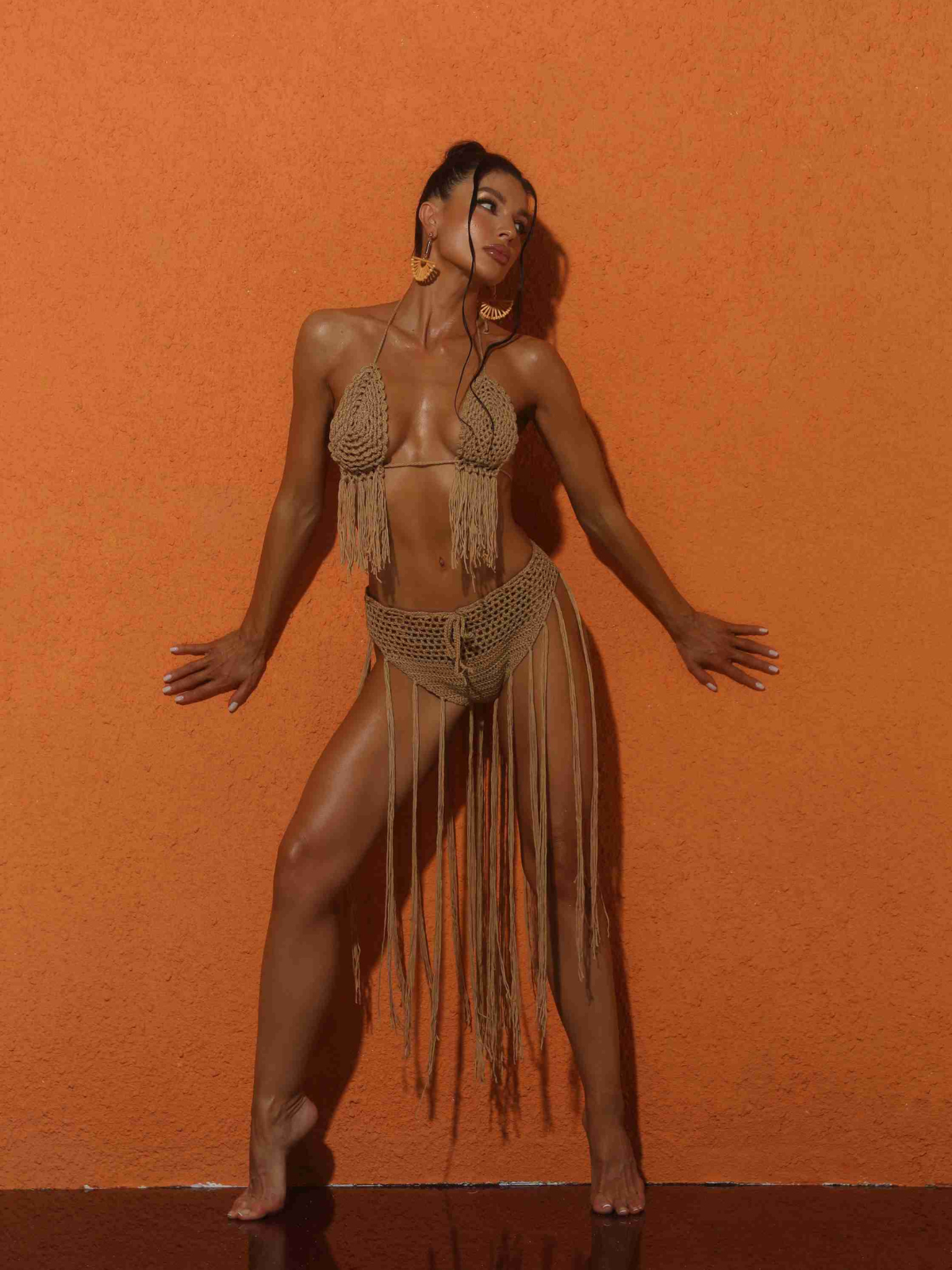 Berlin Knit Fringe Bikini Two Piece Set In Brown-Mesadic
