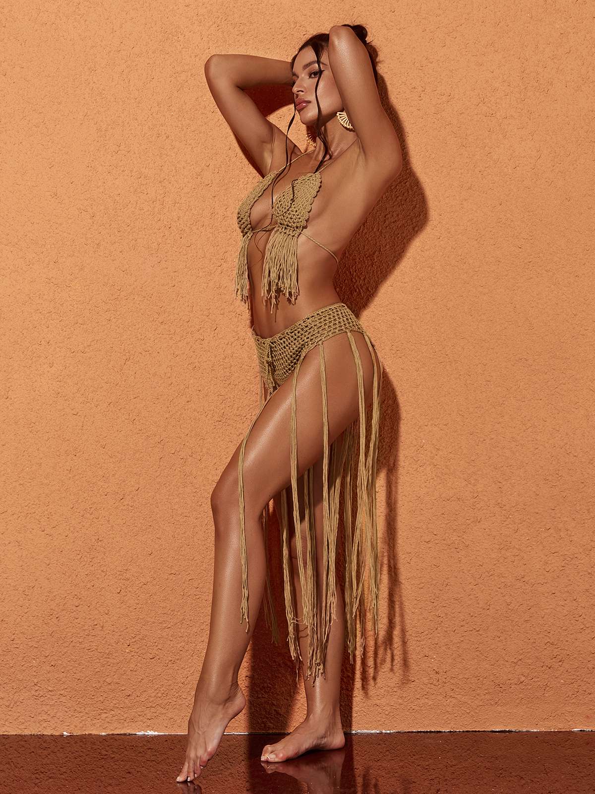 Berlin Knit Fringe Bikini Two Piece Set In Brown-Mesadic