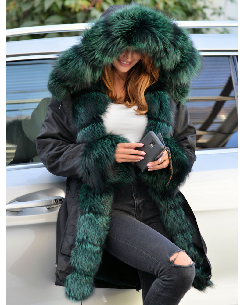 Trafni Winter Women's Parka Jacket Coats Peacock Green Faux Fur Hooded Outwear OverCoat-Trafni