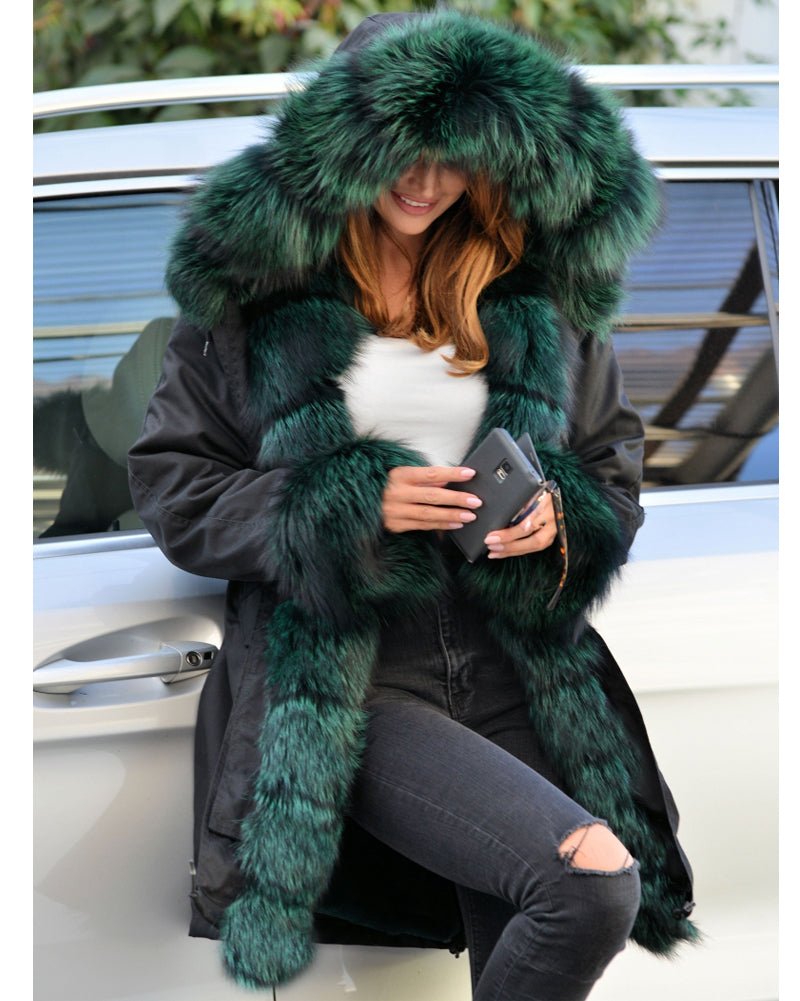 Trafni Winter Women's Parka Jacket Coats Peacock Green Faux Fur Hooded Outwear OverCoat-Trafni
