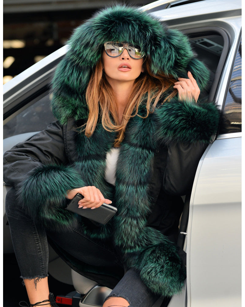 Trafni Winter Women's Parka Jacket Coats Peacock Green Faux Fur Hooded Outwear OverCoat-Trafni