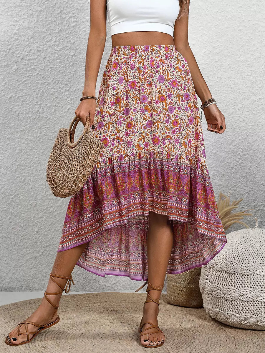 Bohemian Skirts Rose Asymmetrical Natural Waist Viscose Elegant Mid-calf Length Bottoms-CALLISTARI