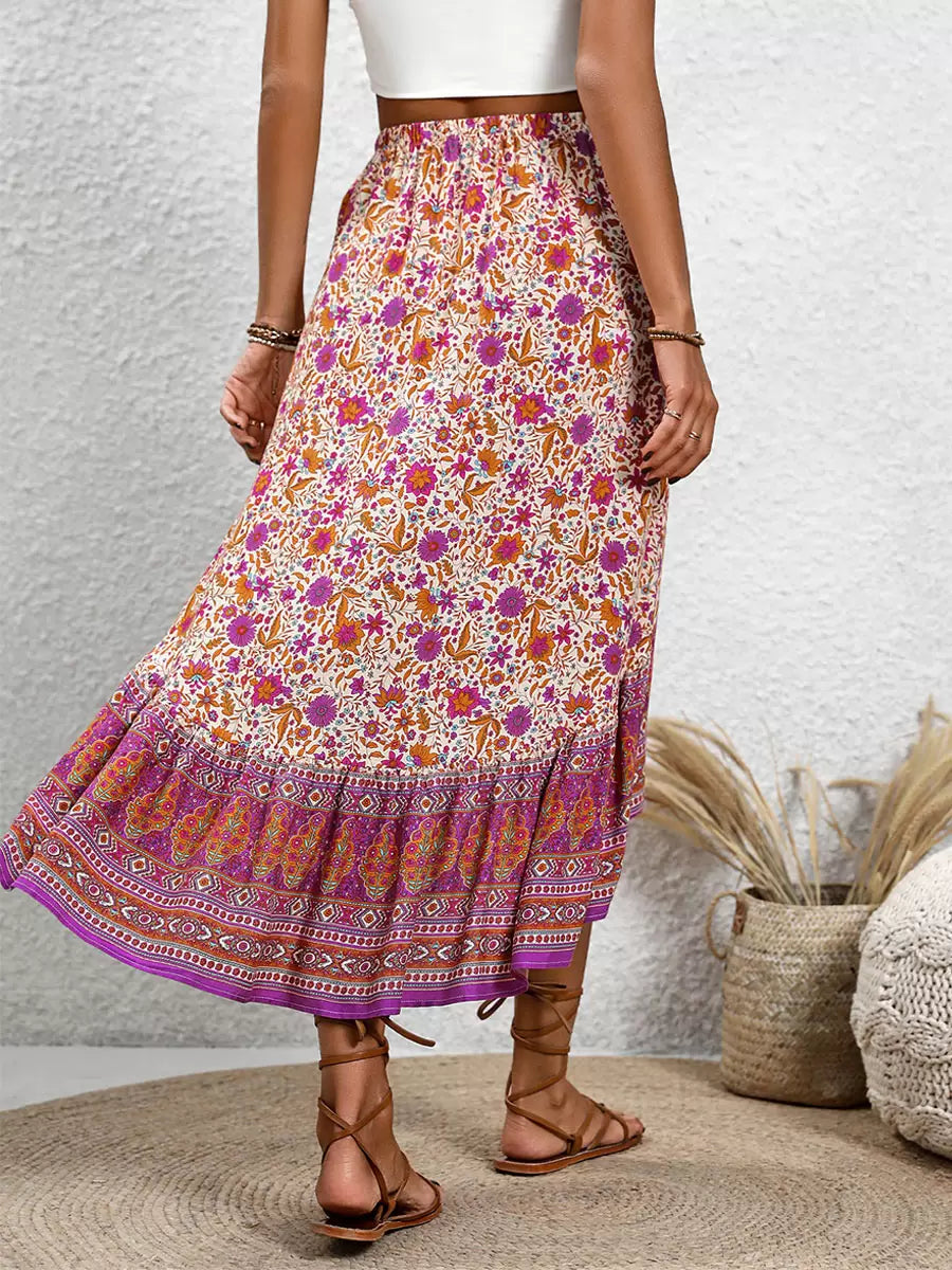 Bohemian Skirts Rose Asymmetrical Natural Waist Viscose Elegant Mid-calf Length Bottoms-CALLISTARI