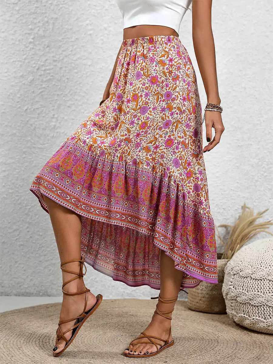 Bohemian Skirts Rose Asymmetrical Natural Waist Viscose Elegant Mid-calf Length Bottoms-CALLISTARI