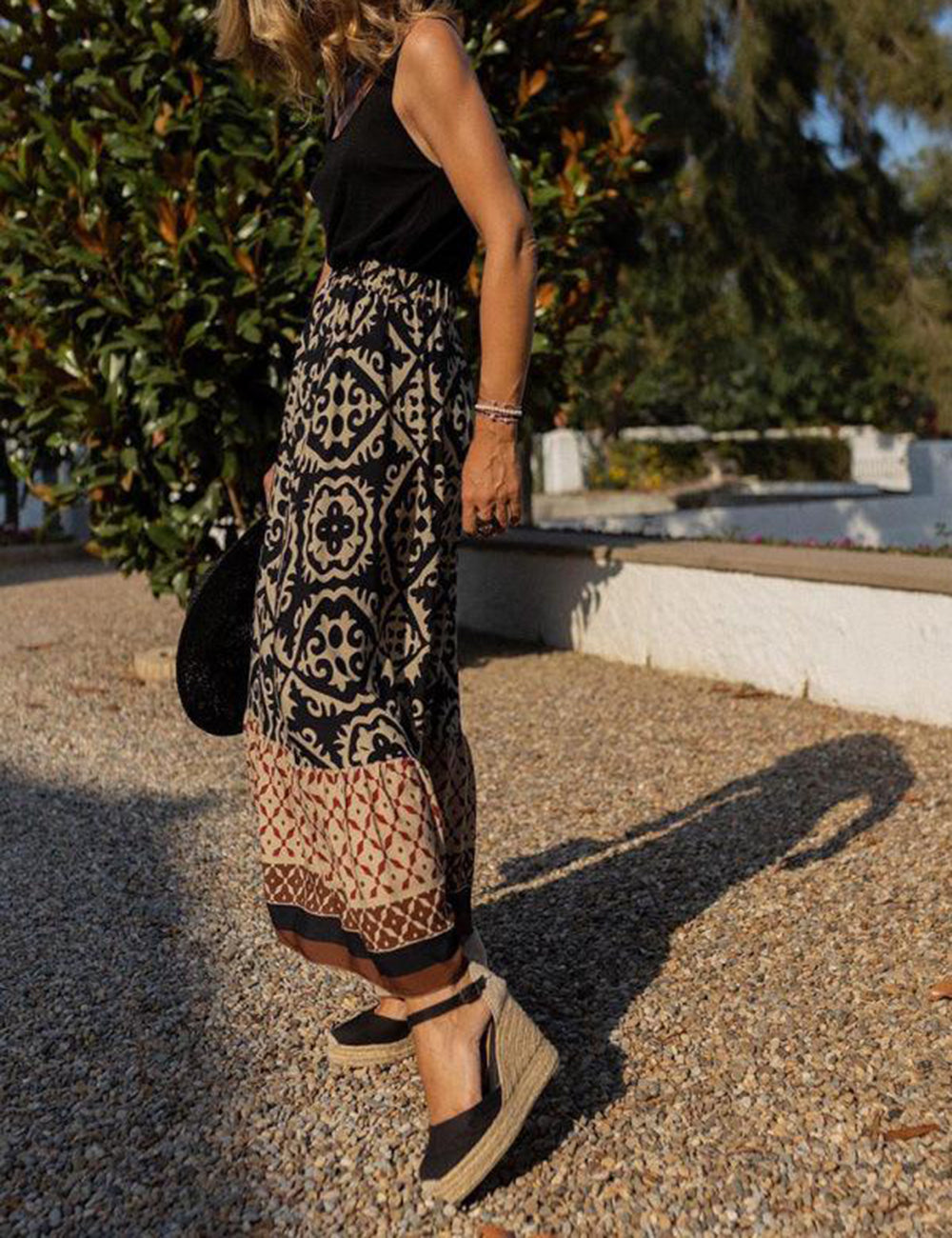 Baroque Tribal Print Boho Maxi Skirt In Black-CALLISTARI