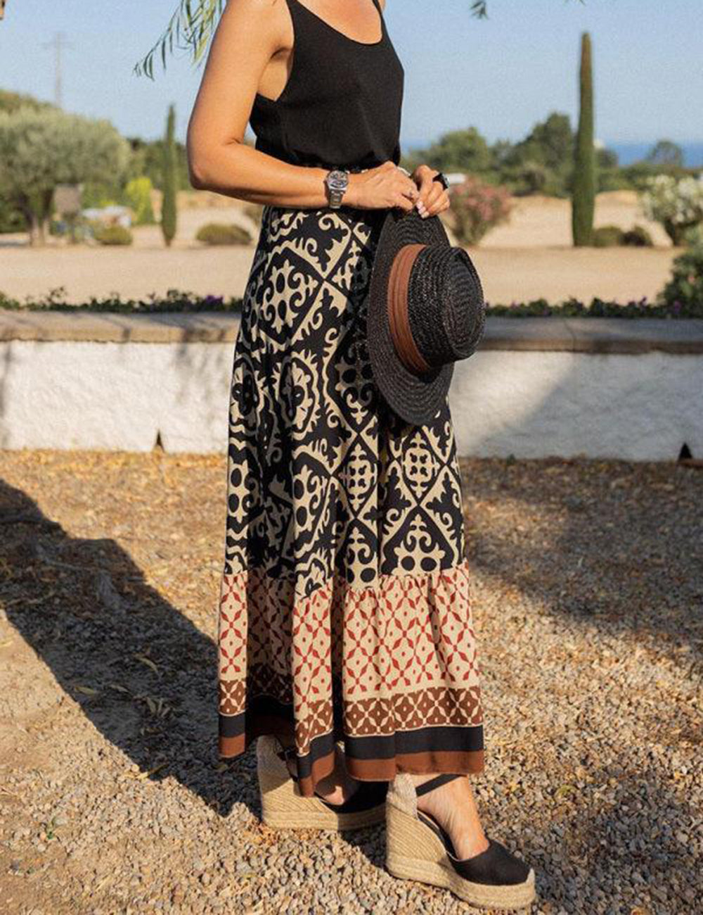 Baroque Tribal Print Boho Maxi Skirt In Black-CALLISTARI