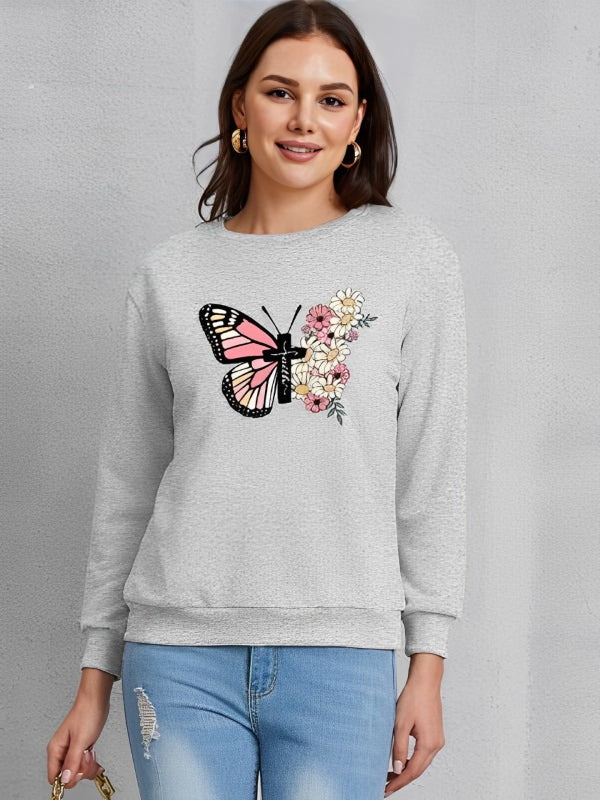 Butterfly Cross Flowers Printed Sweatshirt-CALLISTARI