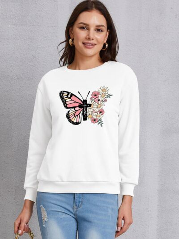 Butterfly Cross Flowers Printed Sweatshirt-CALLISTARI