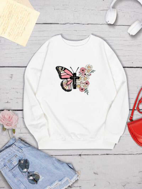 Butterfly Cross Flowers Printed Sweatshirt-CALLISTARI