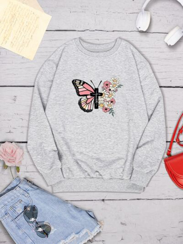 Butterfly Cross Flowers Printed Sweatshirt-CALLISTARI