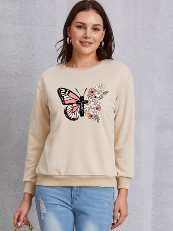 Butterfly Cross Flowers Printed Sweatshirt-CALLISTARI