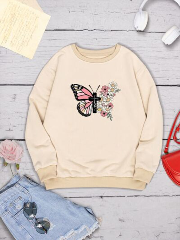 Butterfly Cross Flowers Printed Sweatshirt-CALLISTARI