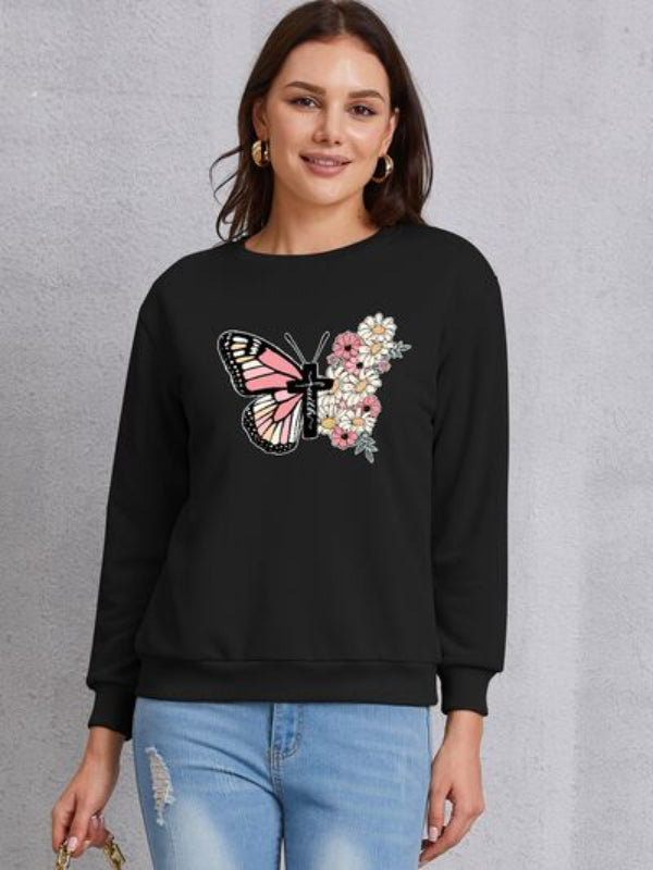 Butterfly Cross Flowers Printed Sweatshirt-CALLISTARI