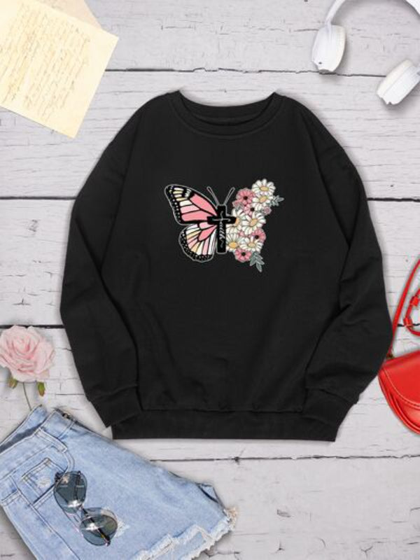 Butterfly Cross Flowers Printed Sweatshirt-CALLISTARI