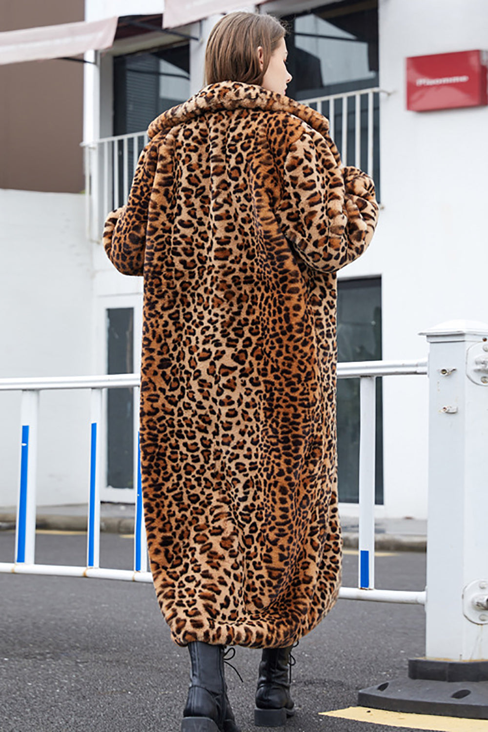 Brown Leopard Notched Lapel Faux Fur Shearling Coat-CALLISTARI