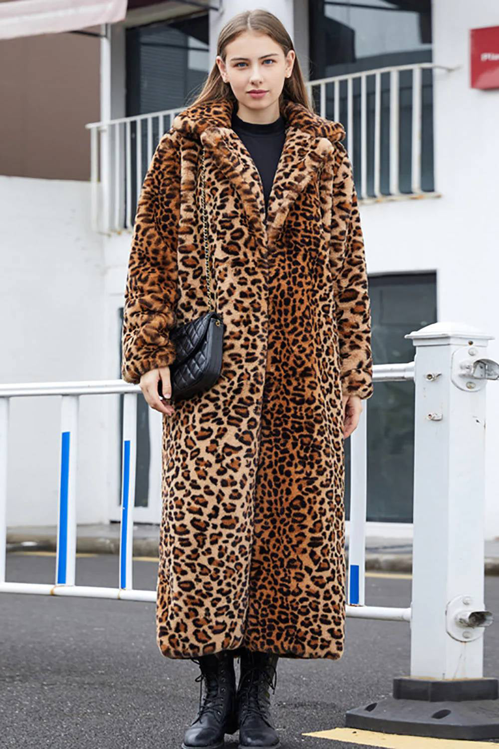 Brown Leopard Notched Lapel Faux Fur Shearling Coat-CALLISTARI