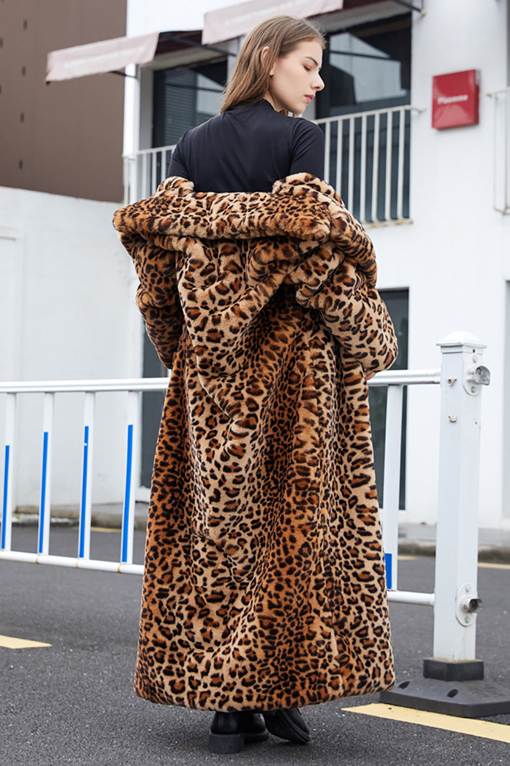 Brown Leopard Notched Lapel Faux Fur Shearling Coat-CALLISTARI