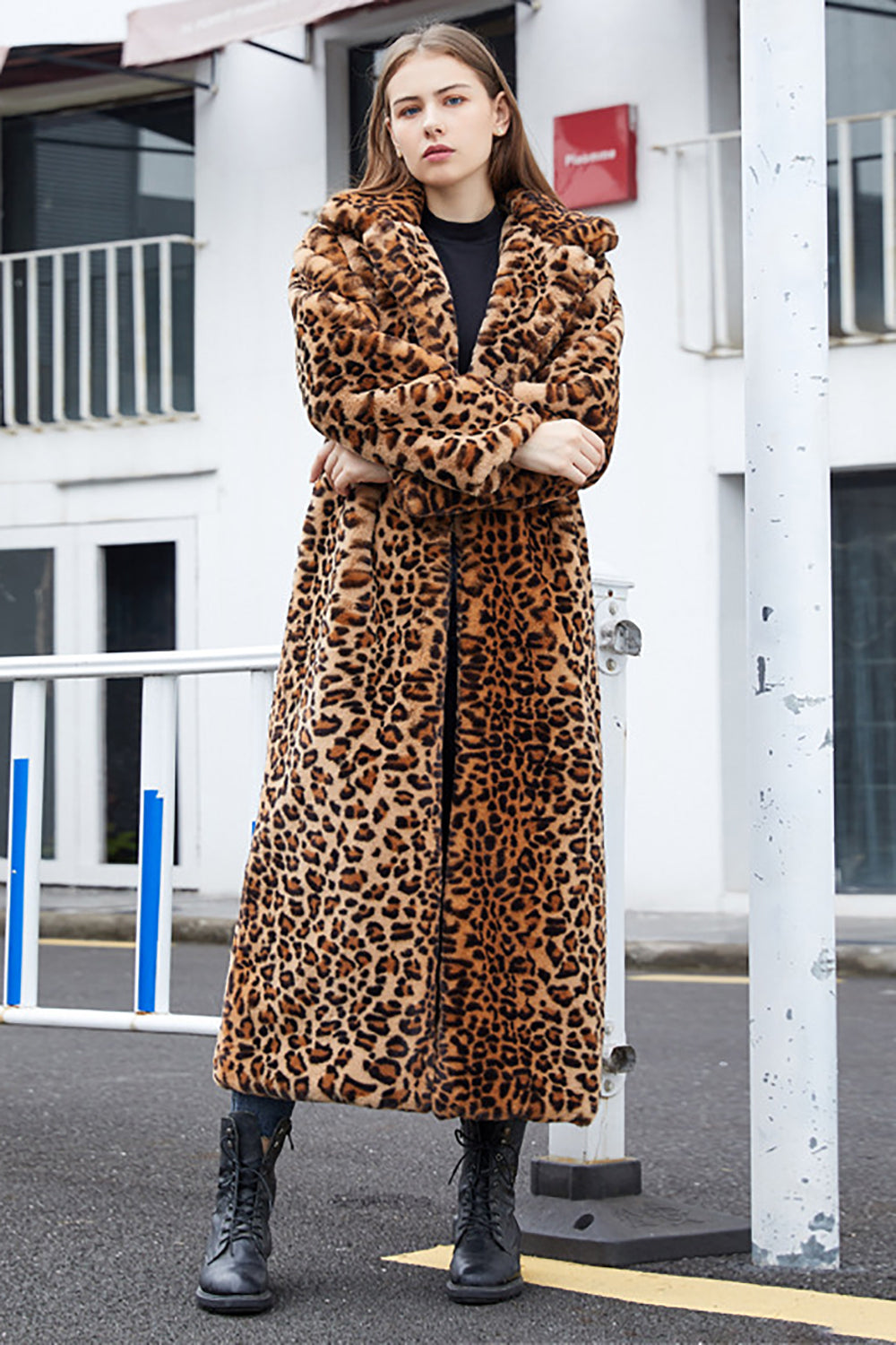 Brown Leopard Notched Lapel Faux Fur Shearling Coat-CALLISTARI