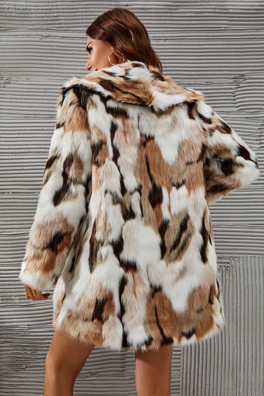 White and Brown Shawl Lapel Midi Faux Fur Shearling Coat-CALLISTARI