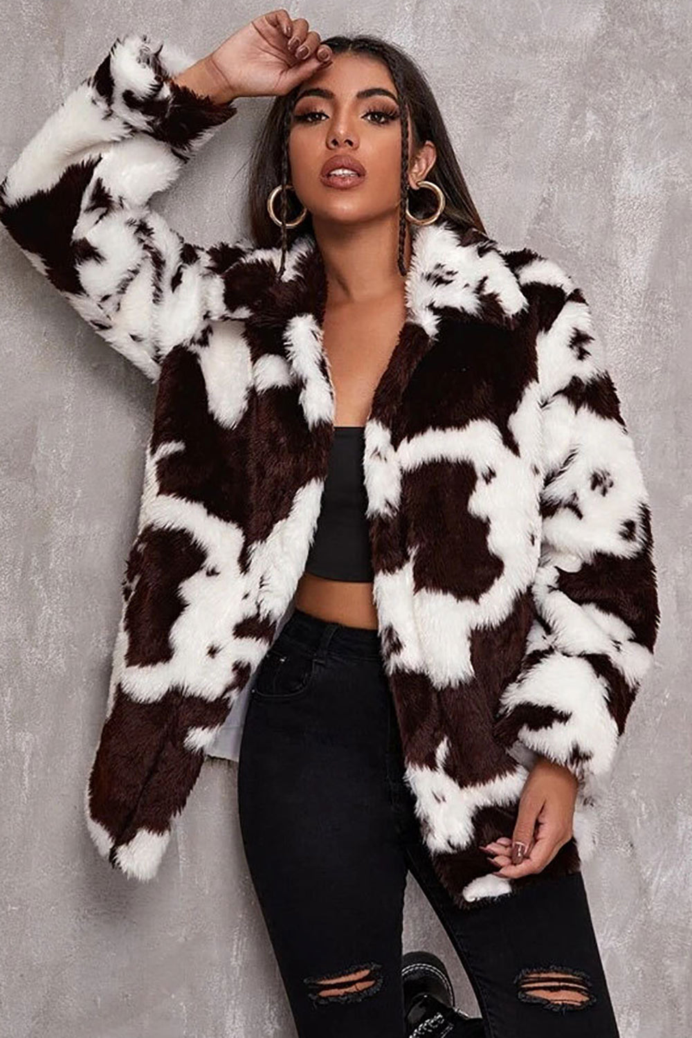 White Cow Pattern Midi Faux Fur Shearling Coat-CALLISTARI