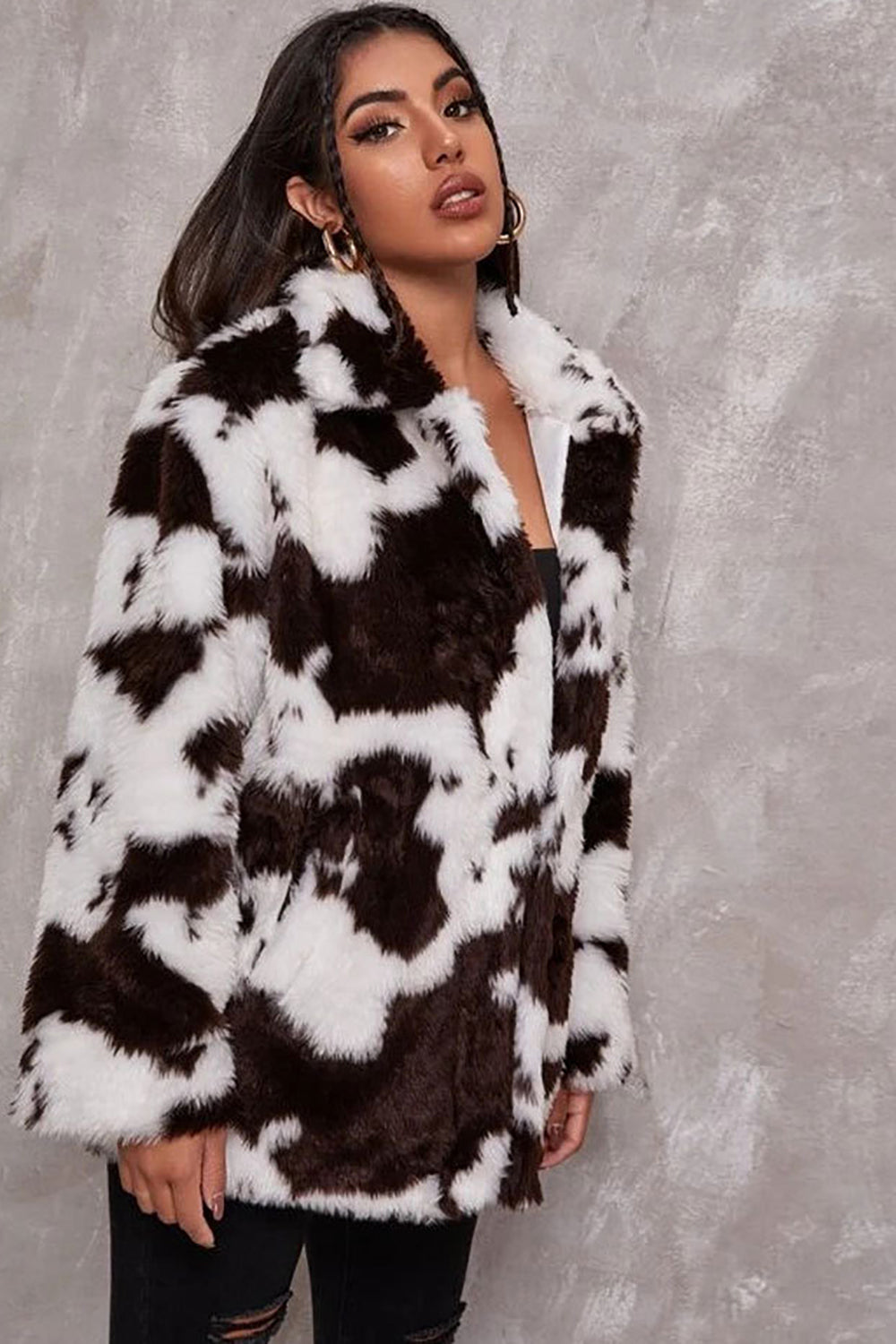 White Cow Pattern Midi Faux Fur Shearling Coat-CALLISTARI