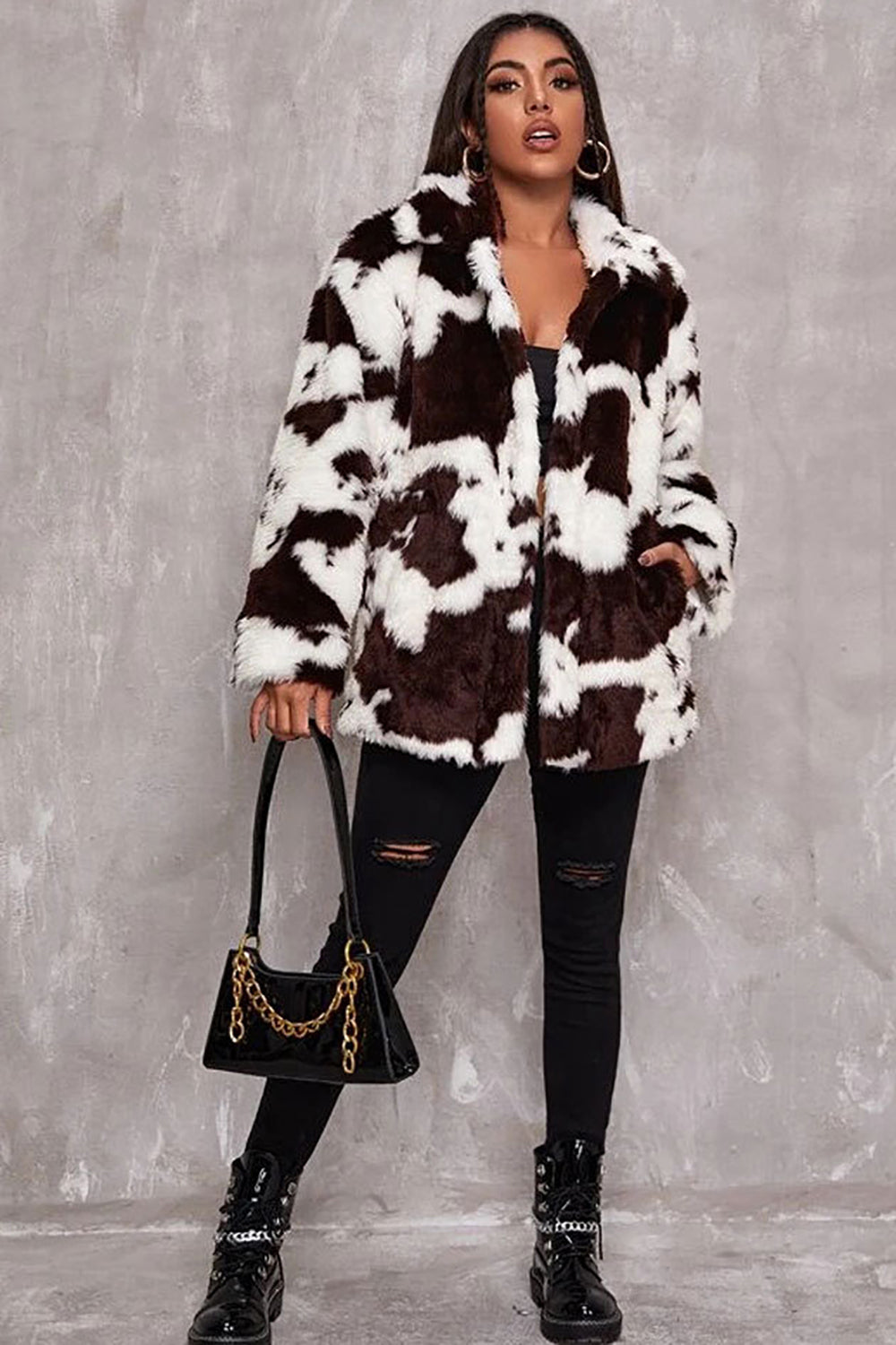 White Cow Pattern Midi Faux Fur Shearling Coat-CALLISTARI
