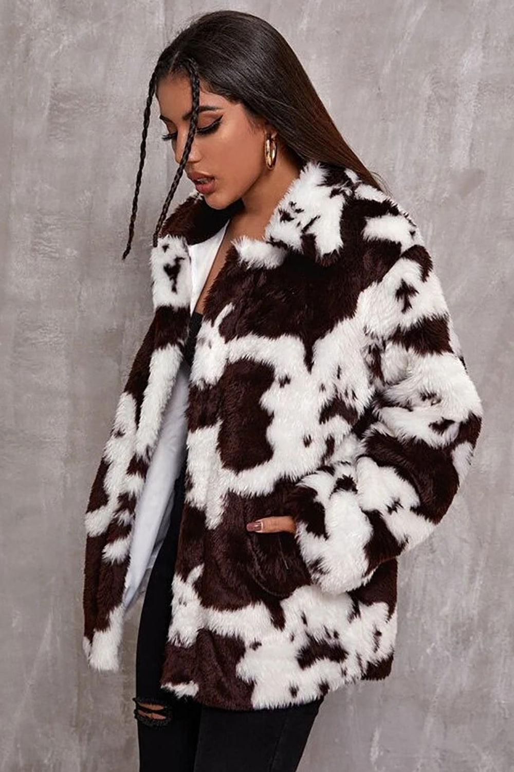 White Cow Pattern Midi Faux Fur Shearling Coat-CALLISTARI