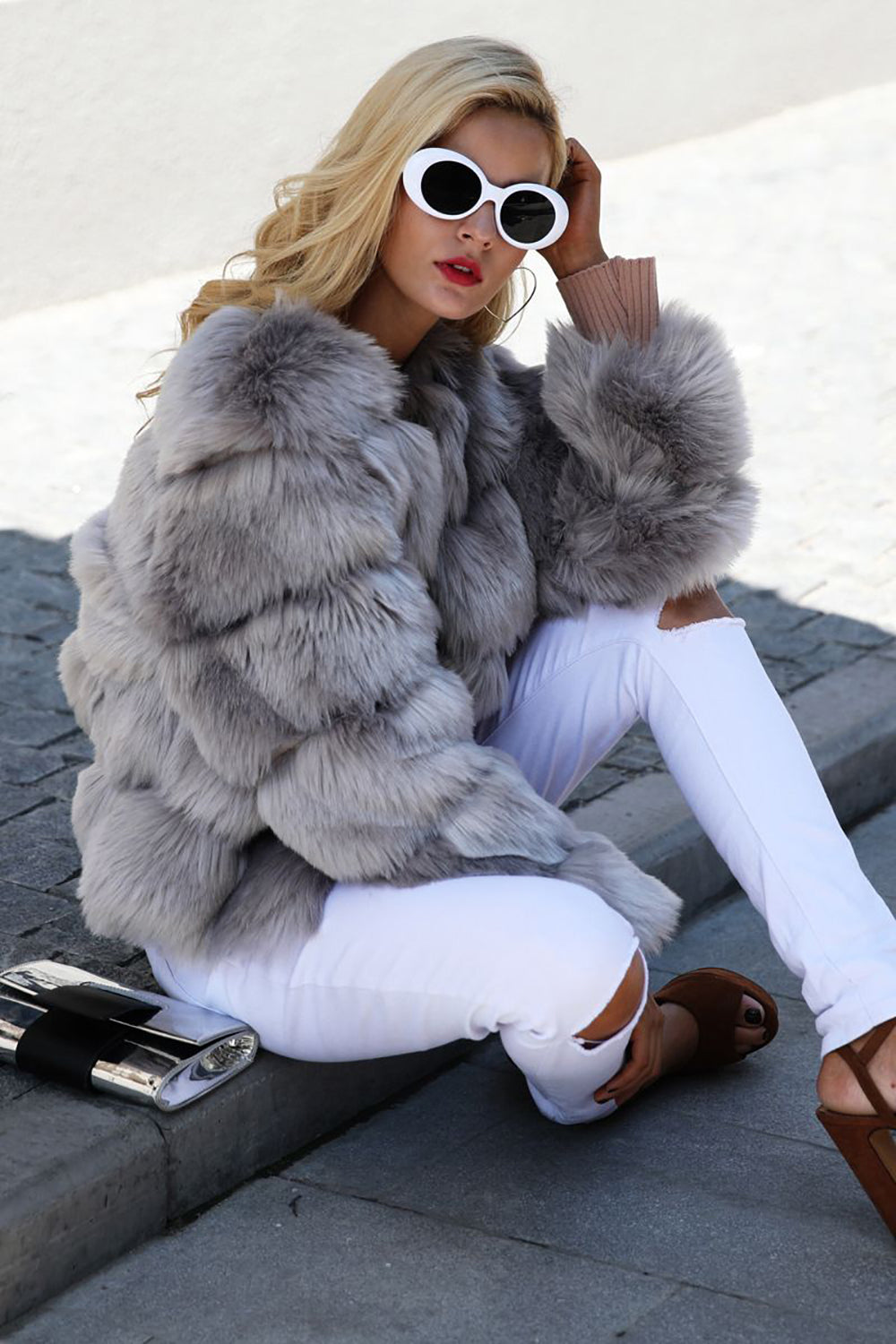 Grey Fluffy Cropeed Shawl Lapel Faux Fur Shearling Coat-CALLISTARI