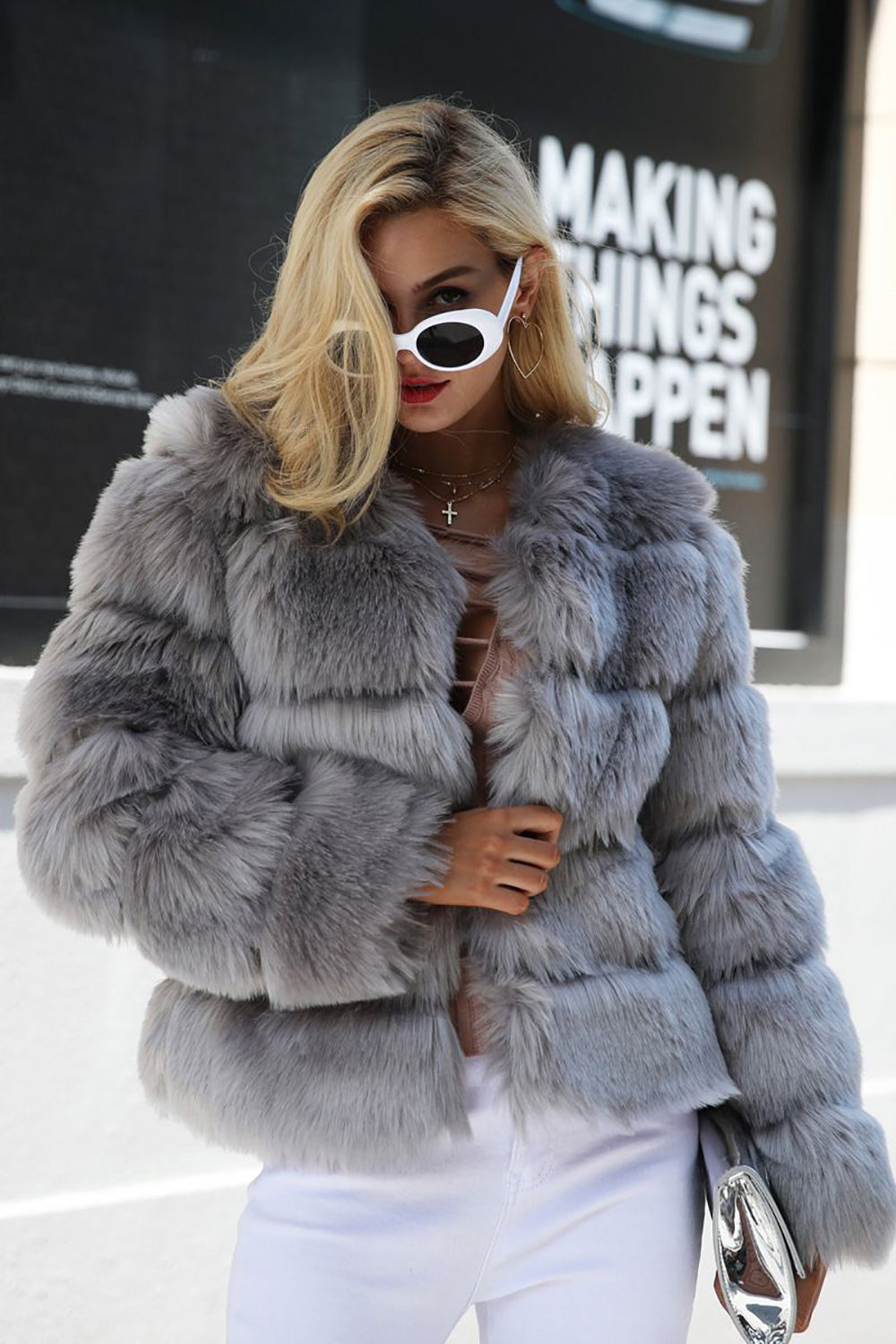 Grey Fluffy Cropeed Shawl Lapel Faux Fur Shearling Coat-CALLISTARI