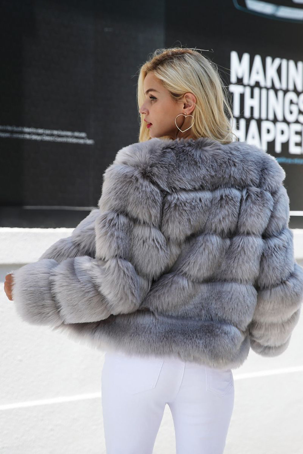 Grey Fluffy Cropeed Shawl Lapel Faux Fur Shearling Coat-CALLISTARI