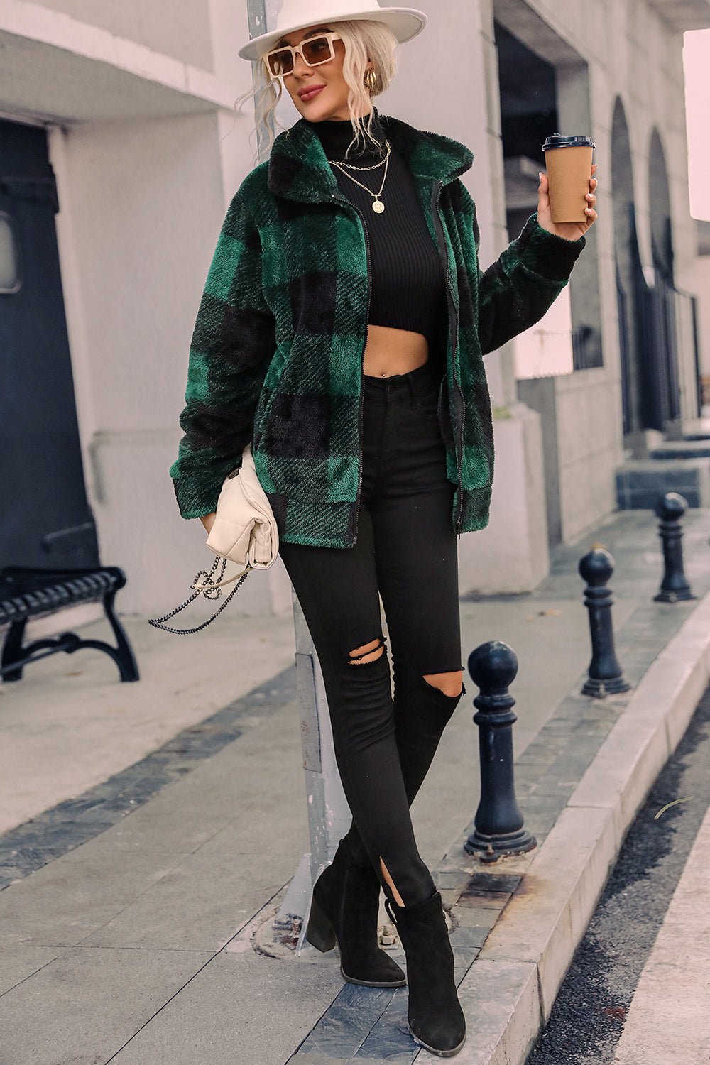 Green Plaid Zipper Fuzzy Jacket Winter Coat-CALLISTARI