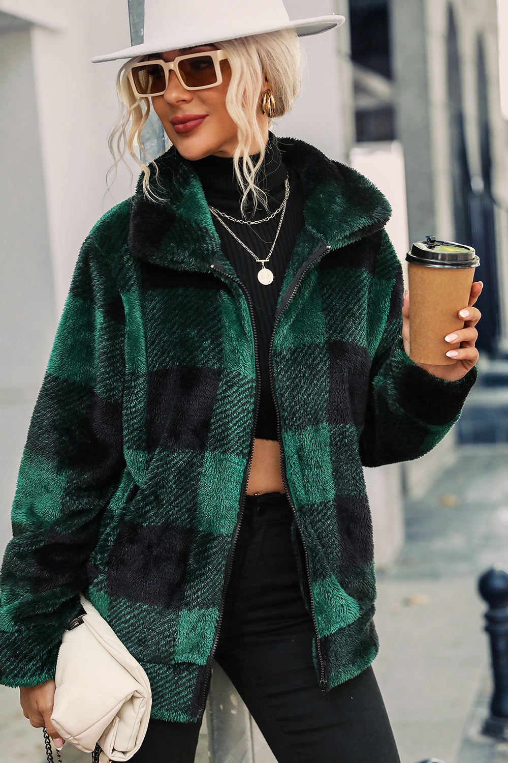 Green Plaid Zipper Fuzzy Jacket Winter Coat-CALLISTARI