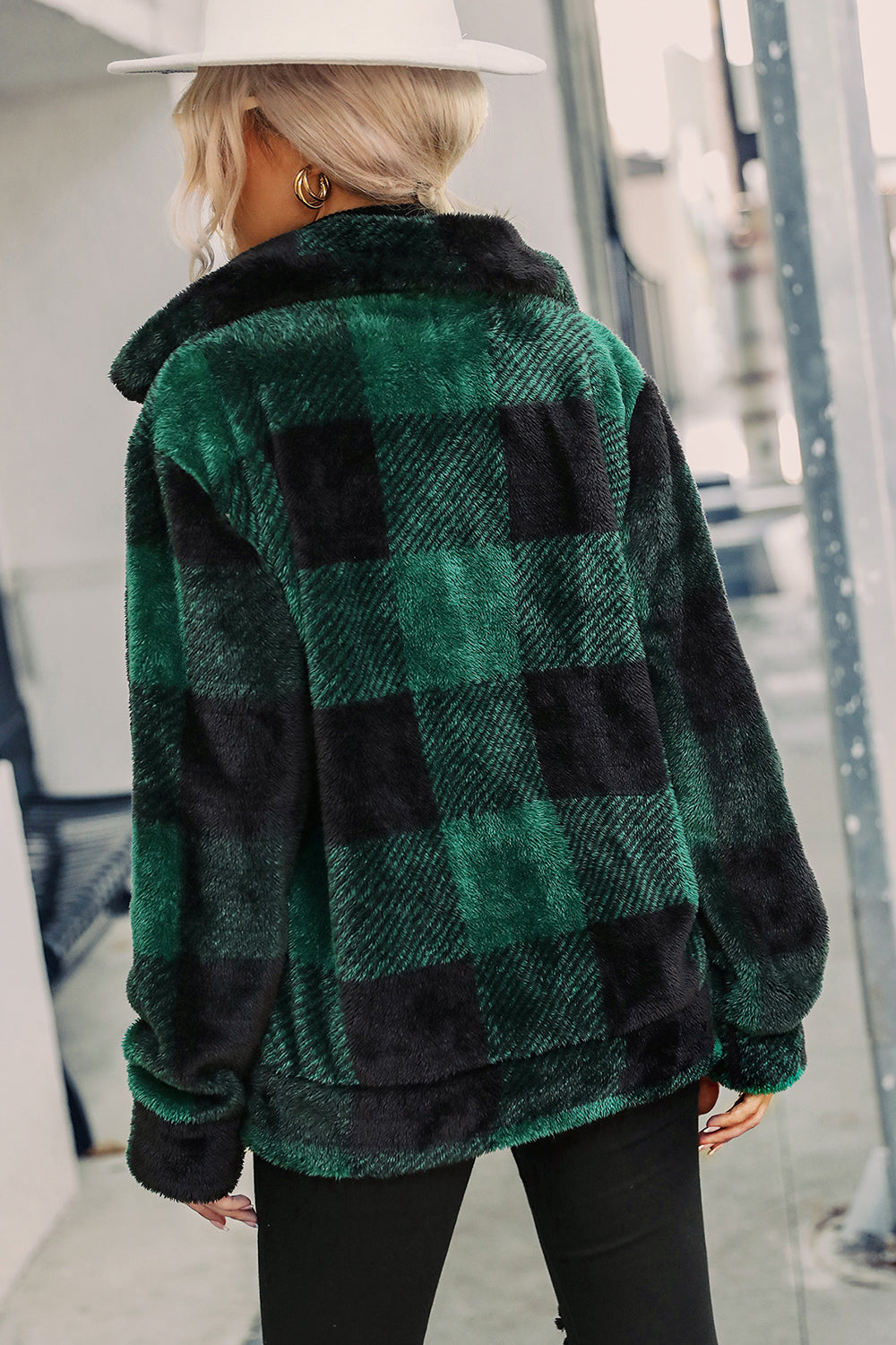 Green Plaid Zipper Fuzzy Jacket Winter Coat-CALLISTARI
